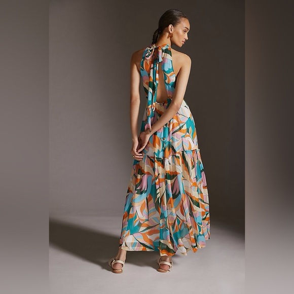 Anthropologie Maeve Keyhole Halter Maxi Dress in Blue Multi Size 1X Plus. - Picture 2 of 15